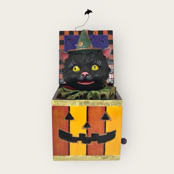 Department 56 Halloween Cat in Box with Yellow and Black Design - Picture 1 of 8
